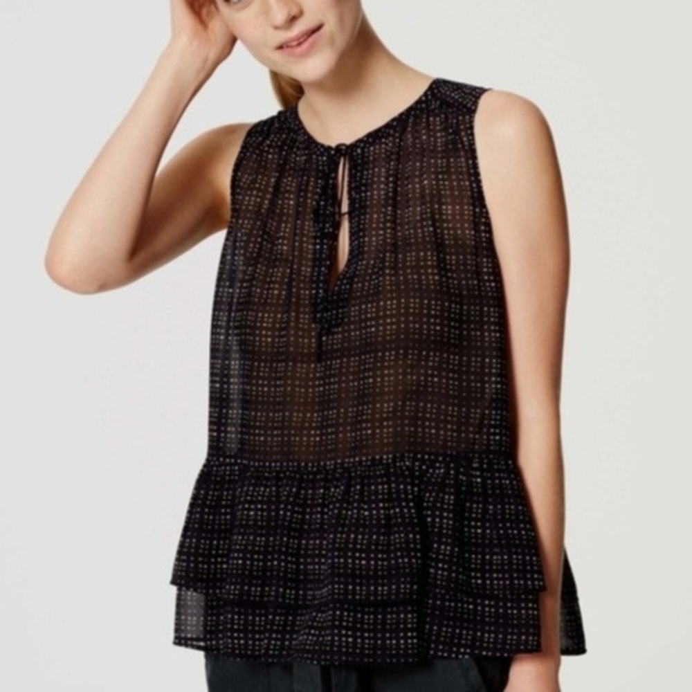Loft Polka Dot Plaid Peplum Sheer Blouse